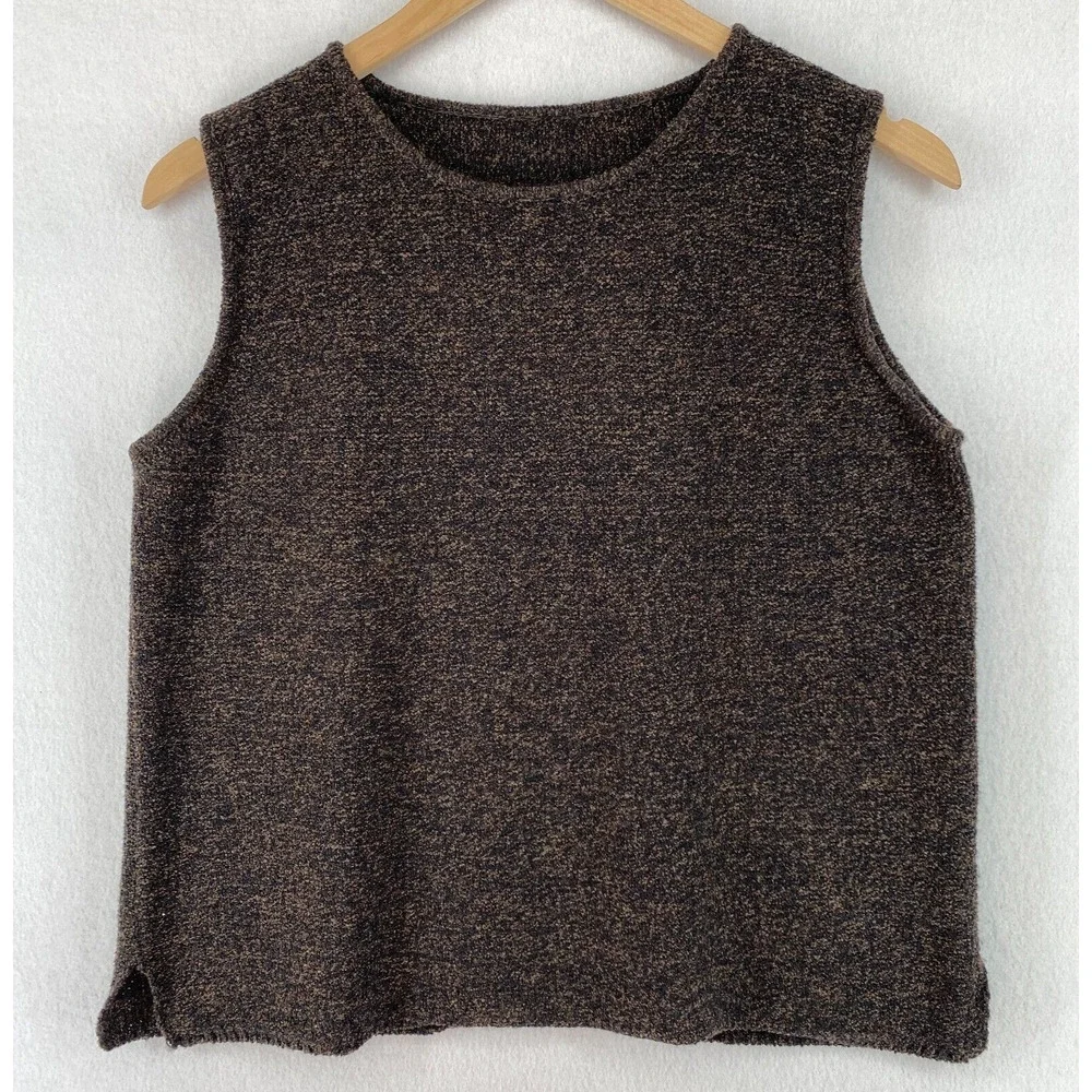 EILEEN FISHER Sweater M Wool Nylon Marled Tank Top Round Neck Shell Brown Vtg